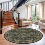 6ft Round Area Rugs for Living Room, Washable Floral Circle Rug Non Slip Low Pile, Vintage Boho Botanical Birds Throw Carpet for Farmhouse, Bedroom, Dining Room, Retro Gold/Green