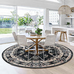 MUJOO Black Round Rug 6ft,Circle Washable Area Rugs for Bedroom Living Room Bathroom,Boho Large Vintage Bohemian Distressed Farmhouse Non Slip Circular Carpet,Floral