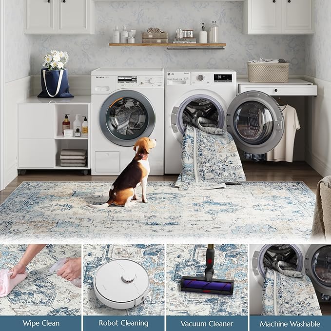 jinchan Kelda Runner Rug 2x5 Hallway Rug Kitchen Washable Runner Vintage Mat Retro Print Lightweight Non-Slip Accent Floor Cover Distressed Thin Carpet for Entryway Bathroom Bedroom Laundry Room Blue