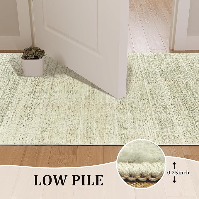 Art&Tuft Non-Slip Runner Rug - 2x12 Runner Rug Washable Low-Pile Rugs Runners, Soft Distressed Carpet Runner for Bedroom Bathroom Kitchen Laundry Living Room, Green