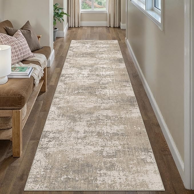 Runner Rug 2x8 Beige Machine Washable Modern Abstract Hallway Carpet Non Slip Neutral Long Carpet Low Pile Soft Non Shedding Contemporary Rug for Bathroom Laundry Kitchen Bedroom