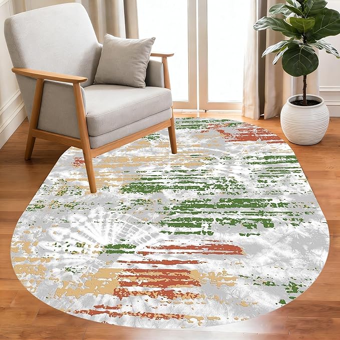 Distressed Abstract Art Aesthetic Deco Indoor Oval Rugs 12x14 for Living Room Bedroom Dining Room Soft Non Skid Easy Clean Big Carpet Nursery Dorm Farmhouse Rustic Grey Green Tie-Dye Texture Area Rug