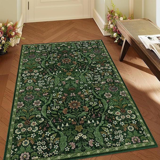4x6 Dark Green Floral Boho Area Rug,Low-Pile Stain Resistant Non-Slip Machine Washable Carpet for Living Room,Bedroom, Kitchen,Entryway,Dining Room, Nursery
