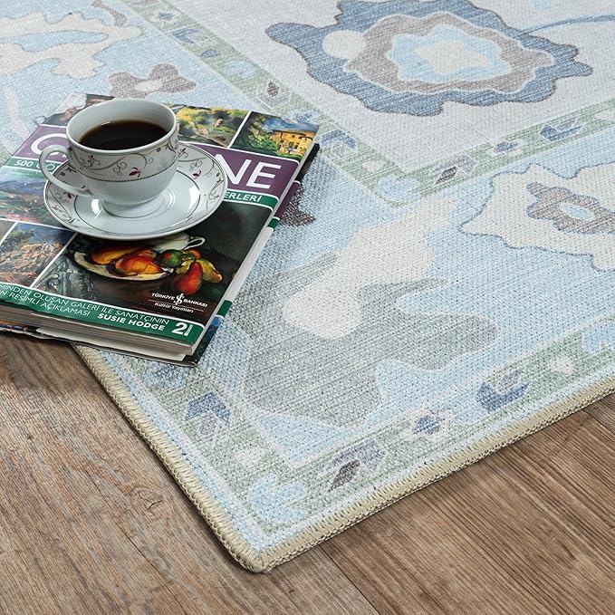 Fame Living Cream Blue Oushak Rug, Modern, Vintage, Turkish, Eclectic, Floral, Pastel, Washable, Large Area Rugs for Living Room, Dining, Bedroom, Girls, Boys, 7'5"x9'8"