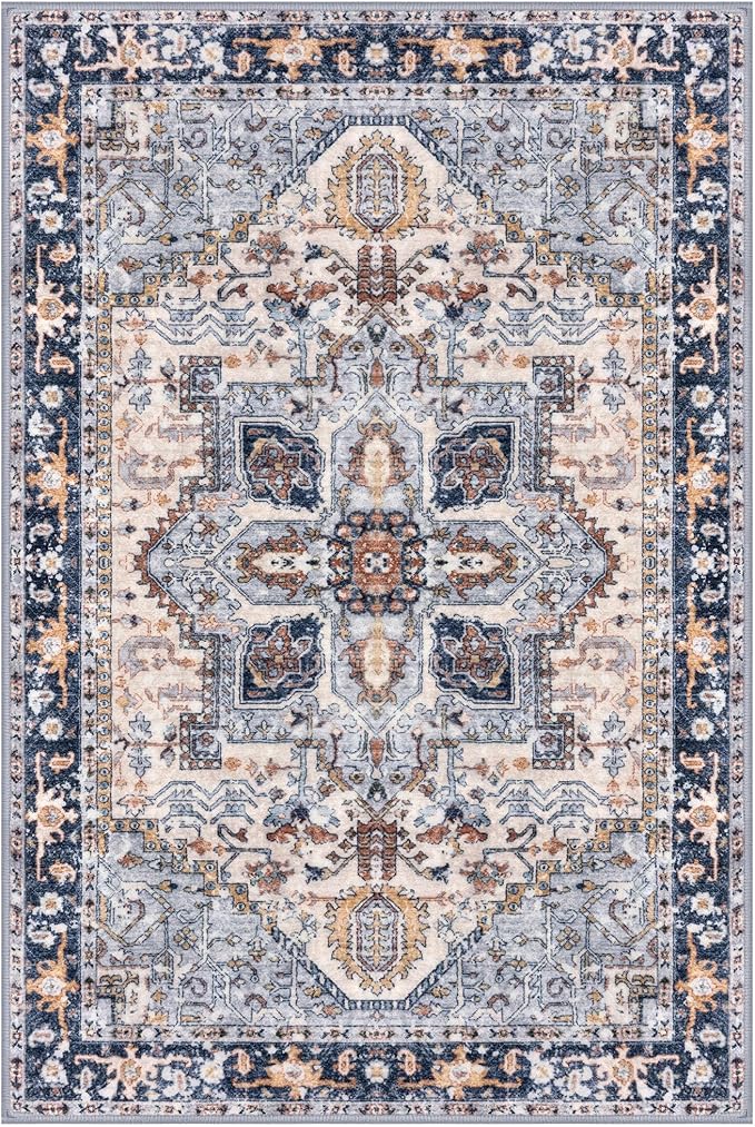 KOZYFLY Boho Area Rug 3x5 Ft Rugs for Entryway Washable Entry Rug Non Slip Door Mat Indoor Entrance Printed Faux Wool Throw Rugs for Entrance Front Porch Kitchen Living Room, Blue Gray/Cream