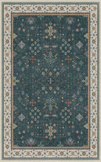 Dark Green Oushak 5x8 Living Room Rug - Modern Vintage Boho Eclectic Floral Pastel, Washable Low Pile Non-Slip Large Area Rugs for Nursery Dining Under Table Bedroom Lounge
