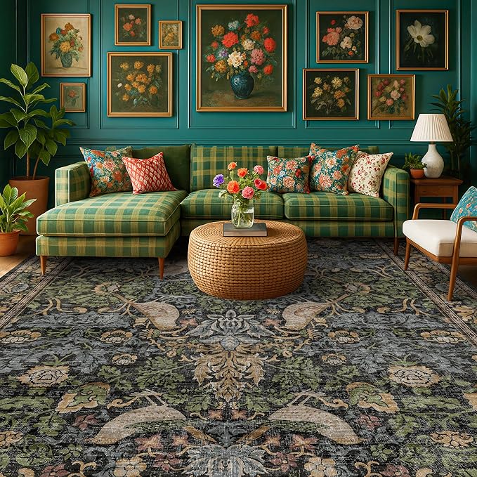 Washable Living Room Rug 6x9 - Dark Floral Nature Rugs for Bedroom, Dining Room Kitchen Table Rug for Under Table, Office, Stain Resistant Non-Slip Large - Brown/Dark Green