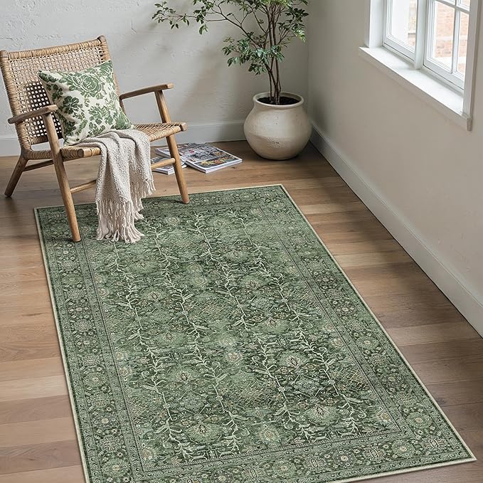 Green Area Rug 3x5 Washable Office Entryway Carpet Soft Vintage Indoor Kitchen Living Room Door Mat Traditional Retro Distressed Thicker Throw Small Rug Bedroom Dining Room Bathroom