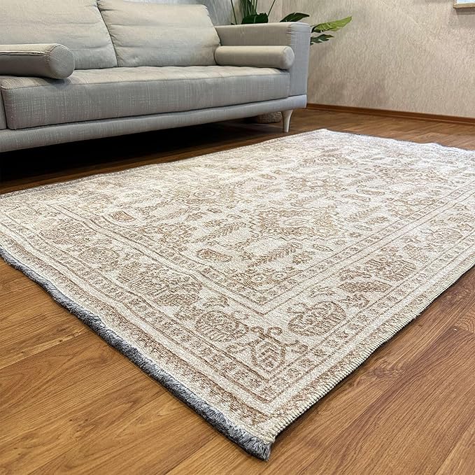 Alfa Rich 5x8 Beige Off White Washable Area Rugs for Living Room Bedroom Kitchen Dining Cotton Rug