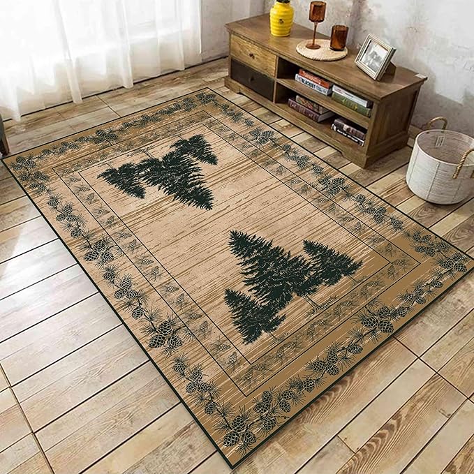 UNREASTO Country Cabin Area Rug 4x6ft Rustic Nature Forest Pine Cone Pine Tree Plant Vintage Home Decor Floor Rug Non-Slip Easy Clean Lodge Rug for Living Room Bedroom Entry Office Hardwood Floor