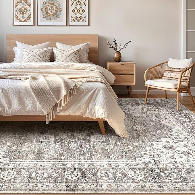 7x9 Area Rug Living Room: Washable Boho Large Neutral Vintage Soft Rugs Stain Resistant Farmhouse Non-Slip Indoor Rustic Floor Carpet for Bedroom Nursery Kids Playroom Office Dining Room- Dark Brown