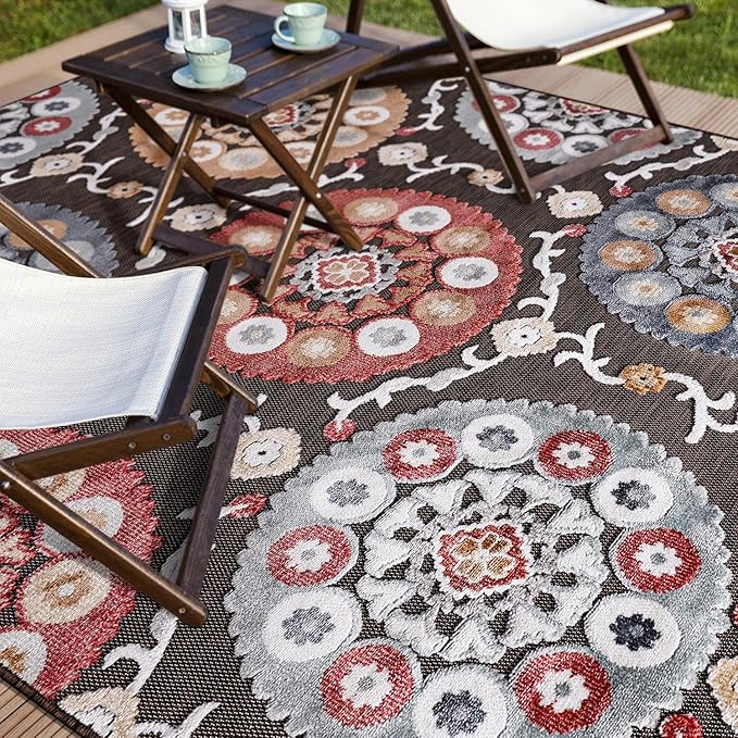 CAMILSON Indoor Outdoor Rug 9x12 Bohemian Medallion Floral Area Rugs for Indoor and Outdoor Patios Easy-Cleaning Non-Shedding Living Room Garden and Kitchen Washable Outside Carpet (9 x 12 / Brown)