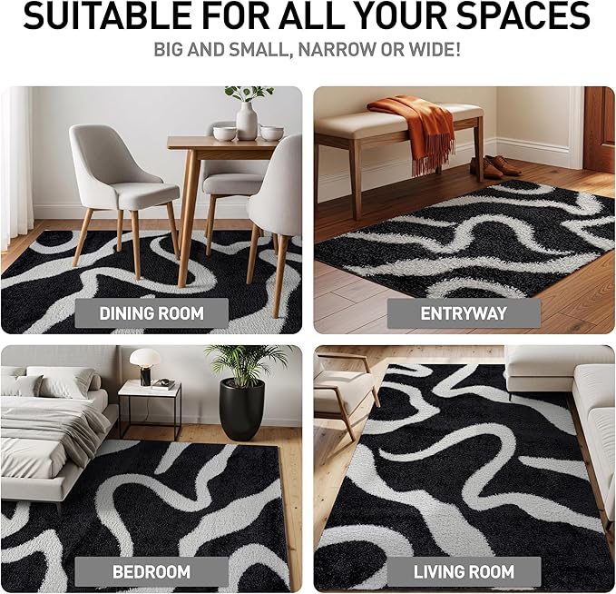 Rugshop Abstract Wavy Shag Area Rug Anthracite Dark Gray 4' x 6' Ideal for Small Living Rooms, Offices, or Beside The Bed