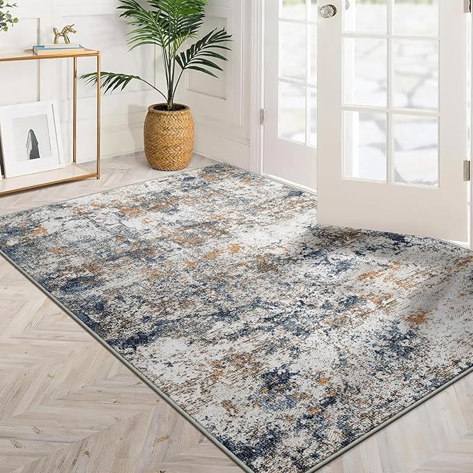 3x5 Machine Washable Area Rug for Entryway, Multicolor Modern Vintage Abstract Rug Non-Slip Low Pile Soft Faux Wool Small Carpet, Kids and Pets Friendly for Bedroom Kitchen Hallway Home Decor Rug