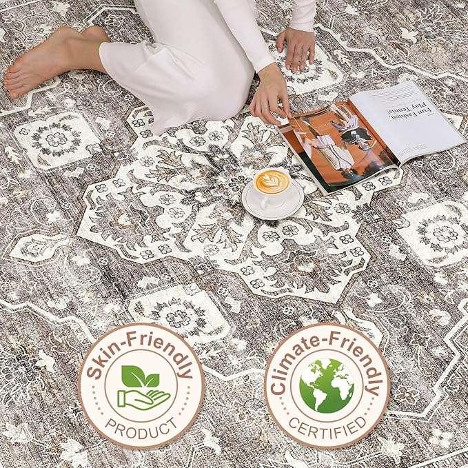 7x9 Area Rug Living Room: Washable Boho Large Neutral Vintage Soft Rugs Stain Resistant Farmhouse Non-Slip Indoor Rustic Floor Carpet for Bedroom Nursery Kids Playroom Office Dining Room- Dark Brown