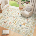 DUKINO 4x6 Rug, Washable Animal Area Rug with Non Slip Vintage Design, Indoor Soft Low Pile Carpet for Bedroom, Nursery, Dining Room, Farmhouse, Playroom, White