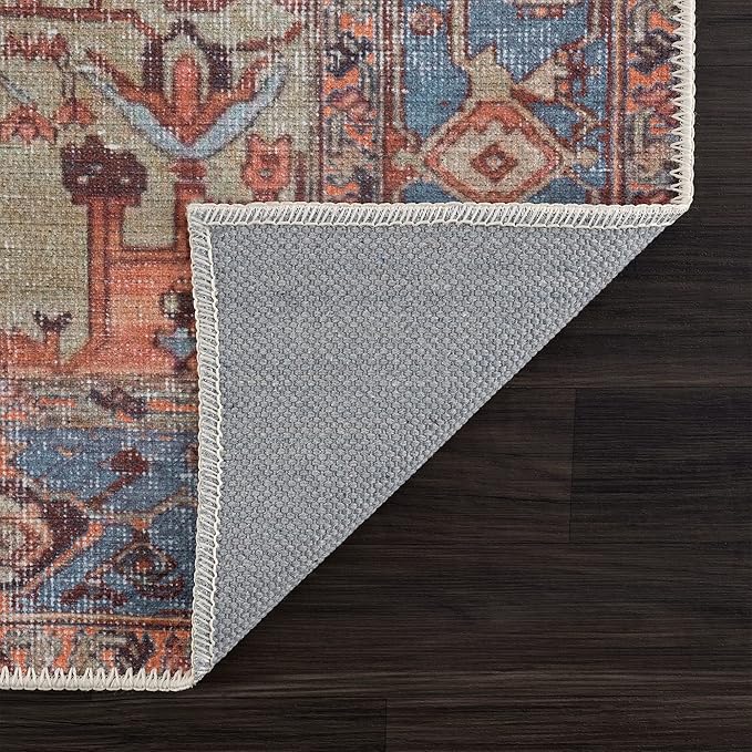 Bloom Rugs Washable Non-Slip 2' x 3' Rug - Terracotta/Blue Traditional Oriental Area Rug for Living Room, Bedroom, Dining Room, and Kitchen - Exact Size: 2' x 3'