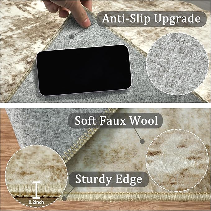 3x5 Machine Washable Area Rug for Entryway, Brown Modern Vintage Abstract Rug Non-Slip Low Pile Soft Faux Wool Small Carpet, Kids and Pets Friendly for Bedroom Kitchen Hallway Home Decor Rug