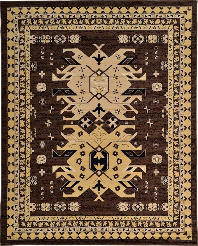 Unique Loom Taftan Collection Border Geometric Tribal Inspired Design Area Rug (8' 0 x 10' 0 Rectangular, Brown/ Tan)