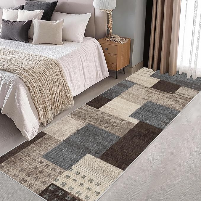 Modern Geometric Patchwork Indoor Runner Rug for Living Room, Blue-Taupe 2'x 6' Rug Rockwood Collection Hardwood Floors Decor for Bedroom, Blue Throw Carpet for Office Entryway Dining Room