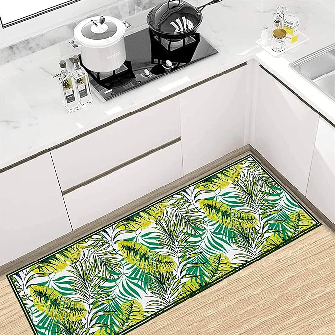 Green Botanical Tropical Leaves Rug 2.6x10ft - Non-Slip Washable Runner, Soft Durable Floor Mat for Hallway, Kitchen, Bedside, Entryway Home Decor
