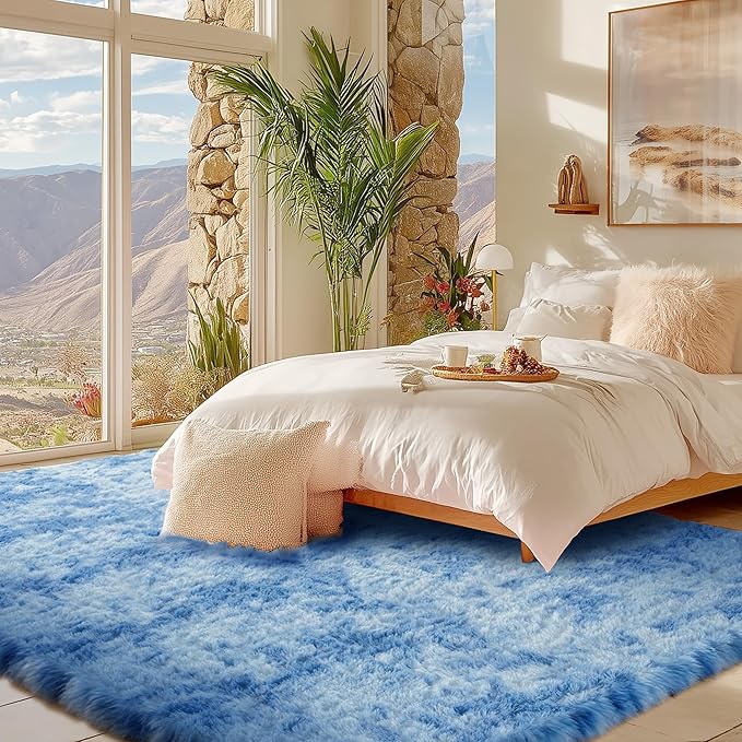 Andency Soft Area Rugs for Living Room Bedroom, 5x8 Fluffy Shaggy Bedside Rug, Non-Slip Large Shag Fuzzy Plush Carpets for Bedroom Kids Dorm Nursery Home Decor Aesthetic, Tie-Dyed Blue