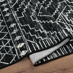 Wonnitar Moroccan Washable Area Rug 5x7, Black Large Rug for Living Room, Non-Slip Boho Bedroom Throw Mat, Low Pile Stain Resistant Geometric Floor Carpet for Dining Table Kitchen Dorm (Black,5'x7')