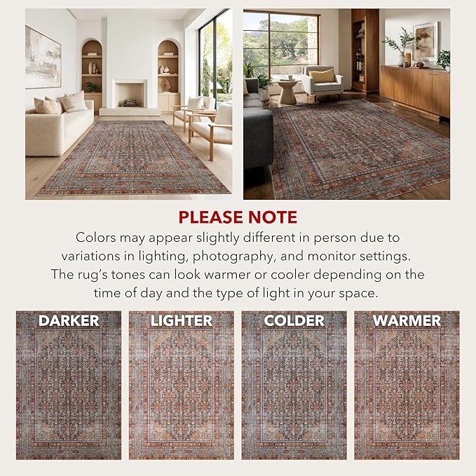 Kuden 4x6 Area Rug, Machine Washable Area Rug with Non-Slip Backing, Vintage Style, Soft, Easy Clean, Low Pile Rug for Living Room, Bedroom, Dining Room