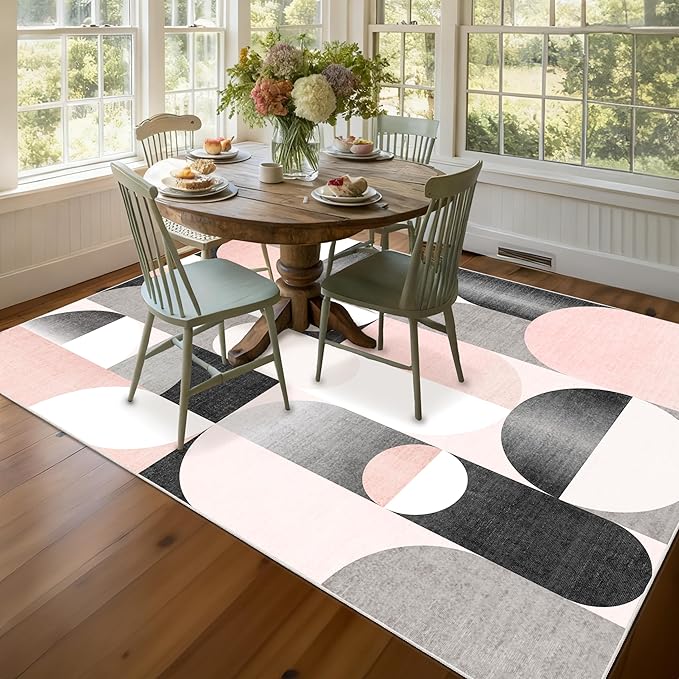 5x7 Area Rugs Pink Washable Rug for Living Room Bedroom,Large Modern Non Slip Carpet for Dining Room Farmhouse Office,Blush Grey Black