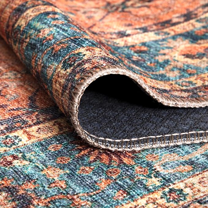Bloom Rugs Washable Non-Slip 6' x 9' Rug - Orange/Teal Blue Traditional Bordered Area Rug for Living Room, Bedroom, Dining Room, and Kitchen - Exact Size: 6' x 9'