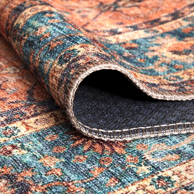 Bloom Rugs Washable Non-Slip 9' x 12' Rug - Orange/Teal Blue Traditional Bordered Area Rug for Living Room, Bedroom, Dining Room, and Kitchen - Exact Size: 9' x 12'