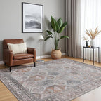 Bavni Washable Rug 6x9 Area Rug for Living Room Bedroom Dining, Washable Vintage Print Carpet, Ultra-Thin Chenille Low Pile Lightweight Rug with Non Slip Backing, Retro Grey