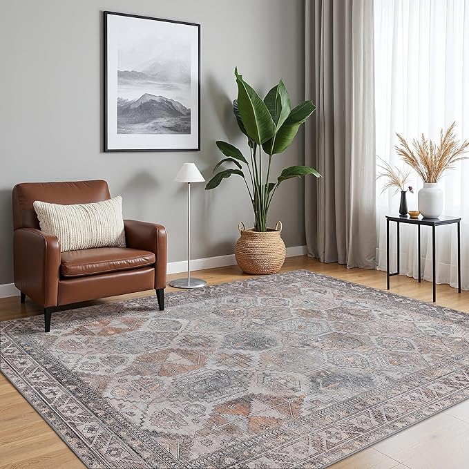 Bavni Washable Rug 3x5 Area Rug for Living Room Bedroom Dining, Washable Vintage Print Carpet, Ultra-Thin Chenille Low Pile Lightweight Rug with Non Slip Backing, Retro Grey