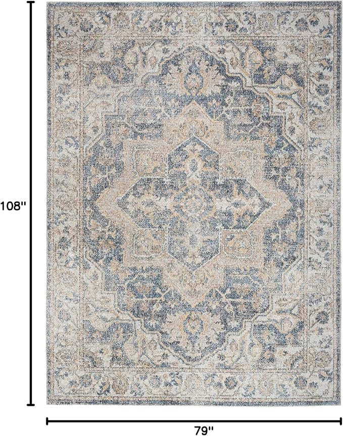 Nourison Home Astra Machine Washable Traditional Grey/Blue 6'7" x 9' Area Rug, Easy Clean, Non Shedding, Bed Room, Living Room, Dining Room, Kitchen (7x9)