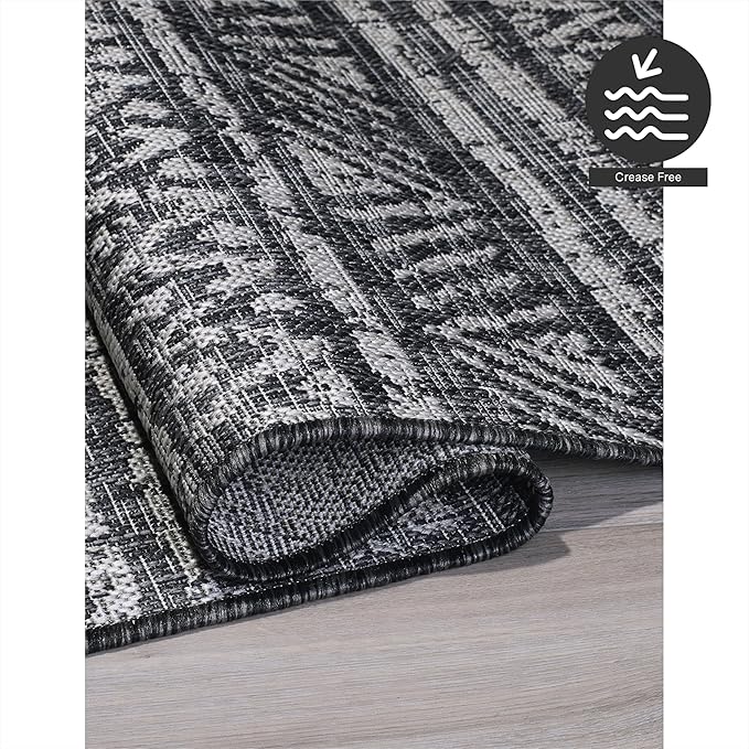 FH Home Flat Woven Outdoor Rug - Waterproof, Easy to Clean, Stain Resistant - Premium Polypropylene Yarn - Striped Boho - Patio, Porch, Deck, Balcony - Amman - Charcoal - 5ft 2in x 7ft 6in