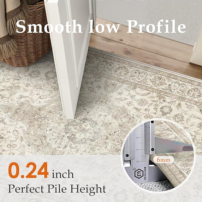 HUGEAR Area Rug 5x7 Vintage Brown Machine Washable Living Room Rugs Thin Neutral Floral Vacuumable Low Pile Carpet Bedroom Office Dining Room Laundry Room Non Slip Soft Lightweight