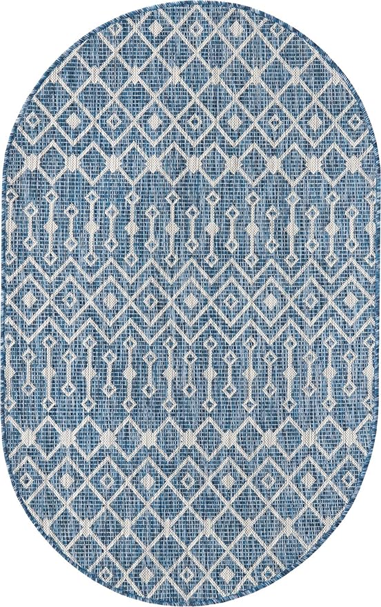 Unique Loom Outdoor Trellis Collection Area Rug - Tribal Trellis (3' 3" x 5' 3" Oval, Blue/ Ivory)