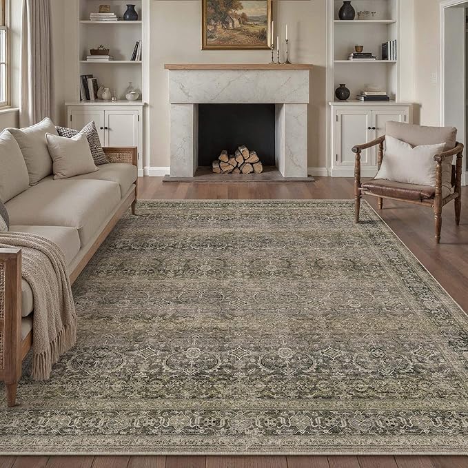 HUGEAR 8x10 Washable Area Rug Taupe Vintage Neutral Living Room Rug Soft Non Slip Large Distressed Carpet Low Pile Pet Friendly for Bedroom Dining Room
