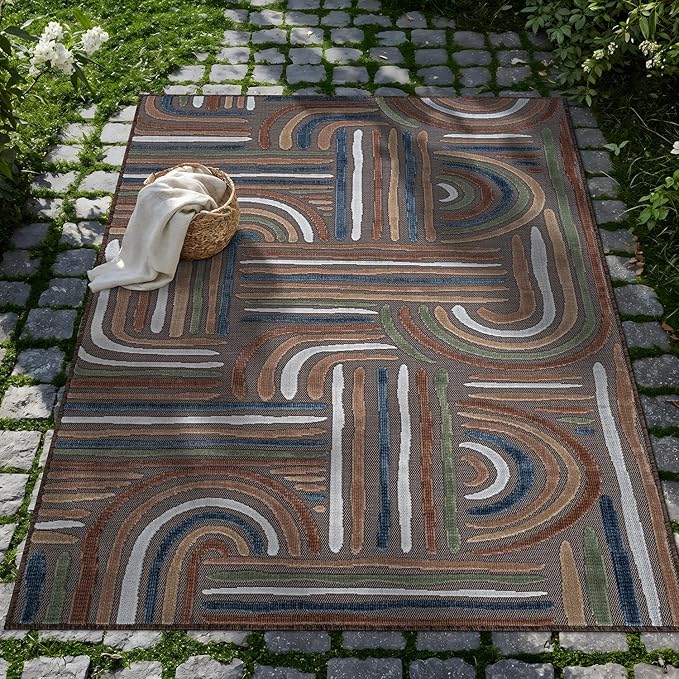 CAMILSON Indoor Outdoor Rug, Brown 5x7 Geometric Arch Striped Area Rugs for Patio and Home Areas, Easy-Cleaning Non-Shedding Living Room, Garden and Deck Washable Outside Carpet (5 x 7)