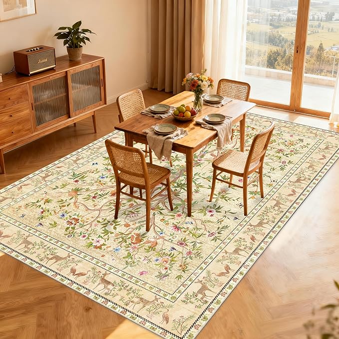 5x7 Area Rugs for Living Room, Machine Washable Non-Slip Carpet, Boho Floral Low Pile Throw Rugs for Bedroom, Dining Room, Office, Nursery, Vintage Home Decor（Beige）