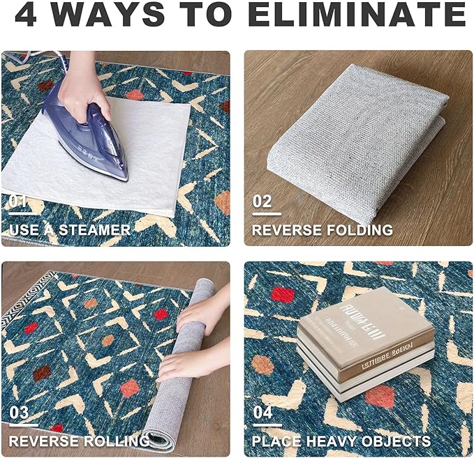 KILOCOCO Area Rug 3'x5' Rug for Entryway Washable Printed Bedroom Rugs Non Slip Boho Low-Pile Soft Rugs for Kitchen Dining Geometric Moroccan Carpet, Teal/Blue