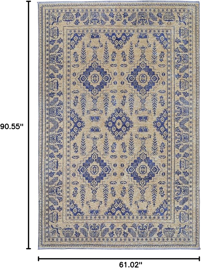 Alfa Rich 5x8 Gold Navy Blue Washable Area Rugs for Living Room Bedroom Kitchen Dining Cotton Rug