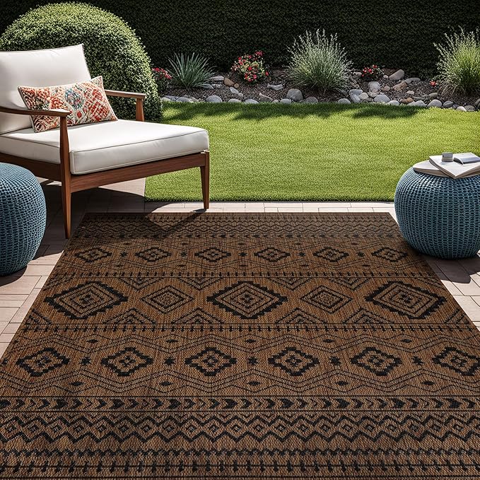 Beverly Rug Waikiki Boho Indoor Outdoor Rug 10x14, Washable Outside Carpet for Patio, Deck, Porch, Bohemian Area Rug, Farmhouse Rugs, Aztec Tribal Rug, Nut Brown and Black