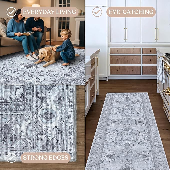 Washable Area Rug. Modern Farmhouse. Vintage. Turkish. Bohemian. Distressed. Oriental. Traditional. Rugs for Living Room. Dining. Bedroom. Office. Entryway. Foyer. (861GG, 2'5" x 4'9")
