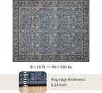 Washable Living Room Rug: 8x10 Boho Floral Soft Area Rug for Bedroom Decor - Vintage Low Pile Thin Carpet for Dining Room Non-Slip - Farmhouse Stain Resistant Rugs - Slate Blue