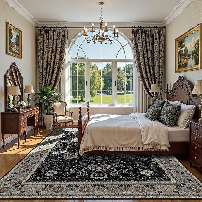 Floral Living Room Rug 5x7 Washable Rugs Boho Vintage Oriental Large Foldable Faux Wool Carpet for Bedroom Nursery Room Dorm Kids Playroom Home Office Blcak Navy Multi