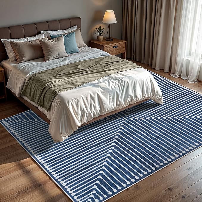 GLN Rugs Contemporary Collection - Machine Washable Area Rug, Contemporary Washable, Non Slip, Low Pile Chenille Rug, Living Room, Bedroom, Kitchen Rug (5' x 7' Lines Blue)