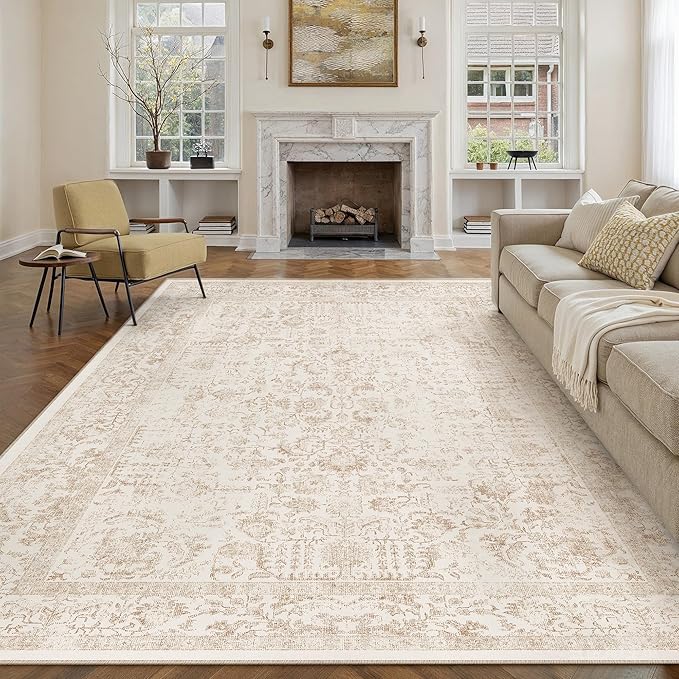 Beige Area Rug 8x10 Machine Washable Large Vintage Living Room Distressed Non Slip Carpet Traditional Indoor Bedroom Retro Floral Accent Throw Rug for Office Kitchen Dining Room
