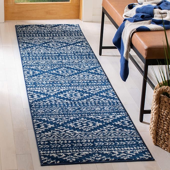 SAFAVIEH Tulum Collection Runner Rug - 2' x 8', Navy & Ivory, Moroccan Boho Tribal Design, Non-Shedding & Easy to Clean, Ideal for Living Room, Hallway, Foyer, Entryway, Bedroom (TUL272N)