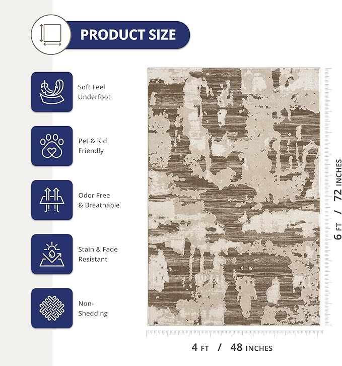 Abani Terra Area Rug for Living Room, Bedroom - Abstract Pattern - Brown Cream - 4' x 6' - Durable & Easy to Clean